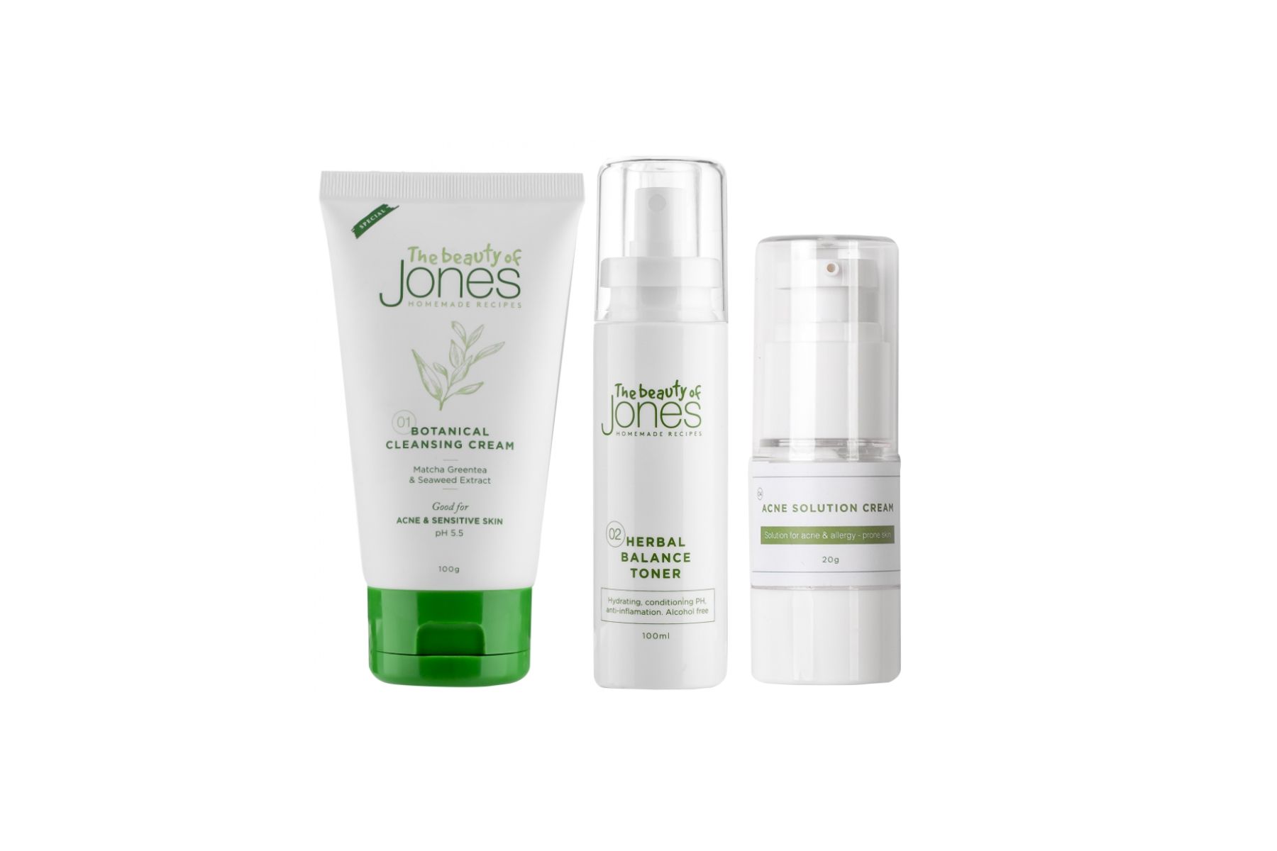 Đôi nét về thương hiệu The Beauty Of Jones (TBOJ), The Beauty Of Jones là thương hiệu mỹ phẩm đã ra đời cách đây 5 năm. Hãng hướng đến các thành phần thiên nhiên và an toàn của khách hàng luôn được đặt lên hàng đầu. Nhờ chú trọng vào các sản phẩm hữu cơ, The Beauty Of Jones đã có nhiều kinh nghiệm trong việc điều chế mỹ phẩm trị mụn dịu nhẹ mà vẫn đảm bảo hiệu quả. Botanical Cleansing Cream-Sữa rửa mặt trà xanh-tảo biển: Điểm đặc biệt ở sản phẩm này là sữa rửa mặt có hiệu quả sạch sâu nhưng không tạo bọt, không gây khô và kích ứng da. Chiết xuất trà xanh matcha Nhật, tảo biển, nước hoa cúc trắng… các thành phần thiên nhiên dịu nhẹ cho da nhạy cảm nhất. Độ ph vàng ở mức 5.5, giúp làm sạch hiệu quả không gây châm chích, căng rát. + Herbal Balancing Toner-Toner hoa cúc: Toner có 2 thành phần chính gồm nước chưng cất hoa cúc la mã, cúc xu xi. Các loại hoa đều đạt chuẩn canh tác, không có thuốc trừ sâu, chất bảo quản. Công dụng thu nhỏ lỗ chân lông, làm dịu da, cân bằng độ ẩm, độ ph.  Làm sạch sâu bụi bẩn, dầu thừa. + Acne Solution Cream-Kem trị mụn tràm trà:   Với những bạn hay bị mụn thì không thể không biết đến một “gương mặt vàng trong làng trị mụn” đó là em tinh chất tràm trà.   Kem mụn chiết xuất tràm trà, rau sam, rau má giúp kháng viêm, kháng khuẩn, ngừa mụn phát triển. Làm xẹp mụn viêm chỉ trong 48h. Gom khô cồi mụn giúp lấy nhân mụn dễ dàng hơn không để lại thâm sẹo.  Ưu điểm lớn nhất của combo mỹ phẩm trị mụn từ The Beauty Of Jones chính là tất cả thành phần đều chiết xuất 100% thiên nhiên. Điều này đảm bảo cho những bạn da mụn mà lại nhạy cảm có thể yên tâm khi sử dụng sản phẩm. Ngoài ra sản phẩm còn đạt chứng nhận an toàn từ sở y tế, mẹ bầu hay mẹ bỉm sau sinh có thể thoải mái sử dụng mà không lăn tăn nữa nha.