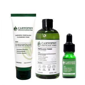 Caryophy xuất xứ từ Hàn Quốc và đã hoạt động hơn 10 năm trở lại. Những sản phẩm đến từ hãng thường có bao bì xanh lá tượng trưng cho thành phần chủ đạo trong sản phẩm là rau sam. +Sữa rửa mặt Portulaca Cleansing Foam: Thu nhỏ lỗ chân lông giảm mụn hình thành. Loại bỏ bụi bẩn, tẩy da chết nhẹ nhàng, làm mờ thâm mụn. Có chiết xuất lá nhân trần: giải độc da hiệu quả, trị mụn nhọt, viêm da. Ngoài ra còn cân bằng độ ẩm giúp da khỏe mạnh. + Caryophy Portulaca Toner: Chiết xuất rau sam làm dịu da mụn, dưỡng ẩm, kháng khuẩn và chống viêm. Thành phần rau má xoa dịu làn da kích ứng, cải thiện vùng da tổn thương. Tinh chất chùm ngây: tăng cường lớp màng bảo vệ da.  + Serum Caryophy Portulaca Ampoule: Chiết xuất chính là rau má, rau sam: là thành phần lành tính, hỗ trợ điều trị mụn tốt. Ngoài ra còn tái tạo da và trị sẹo thâm. Rau sam còn có công dụng dưỡng trắng, bổ sung vitamin A, B1, B1, C… Phục hồi da mụn và chống lão hóa. Cung cấp độ ẩm, lượng nước dồi dào giữ cho da luôn khỏe khoắn, sáng mịn. Ưu điểm nổi bật của các sản phẩm caryophy là có chứa rau sam, rau má… đều là thành phần thực vật lành tính. Tuy sản phẩm có mùi cồn nhẹ nhưng không gây kích ứng da. Ngoài trị mụn ra thì các em ấy còn hỗ trợ phục hồi da vô cùng hiệu quả.