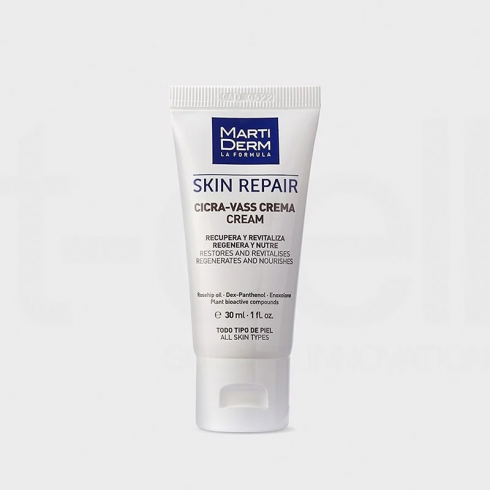 Kem dưỡng tái tạo & phục hồi da nhạy cảm MartiDerm Skin Repair Cicra Vass Cream chứa 3% RoseHip Oil (nụ Tầm Xuân), 3% Dex-Panthenol (pro vitamin B5), 1% Enoxolone (rễ cây Cam Thảo) và các chiết xuất thực vật khác giúp hỗ trợ những làn da nhạy cảm hoặc da đang tổn thương tái tạo và phục hồi nhanh hơn.